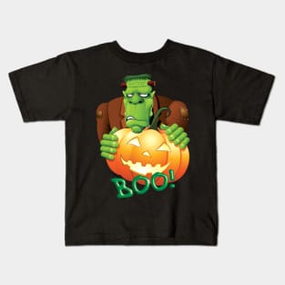 Frankenstein Cartoon with Jack o'Lantern Kids T-Shirt